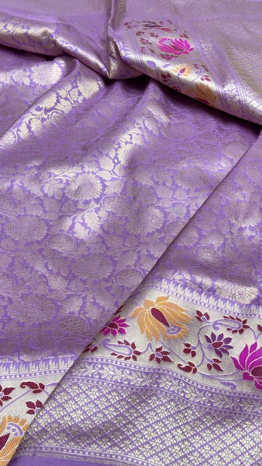 Lavender Brocade Tanchoi Handwoven Tilfi Banarasi  Silk Saree