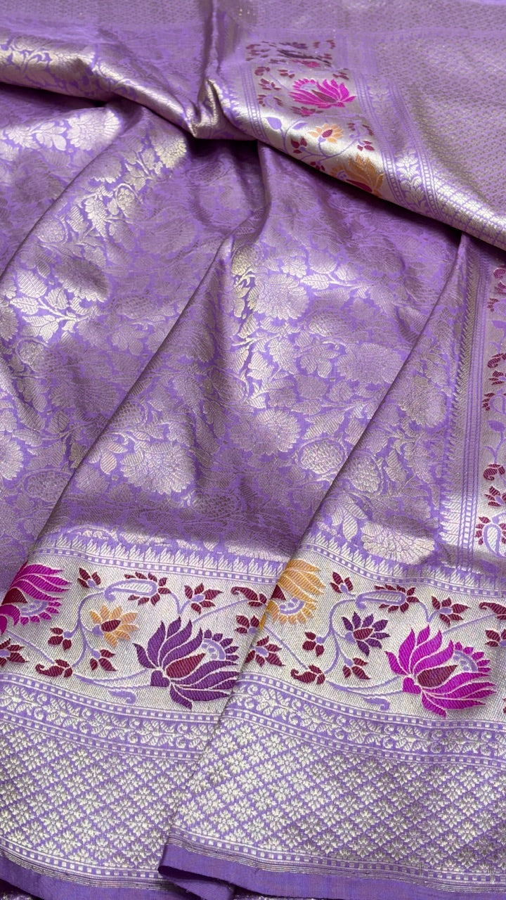 Lavender Brocade Tanchoi Handwoven Tilfi Banarasi  Silk Saree