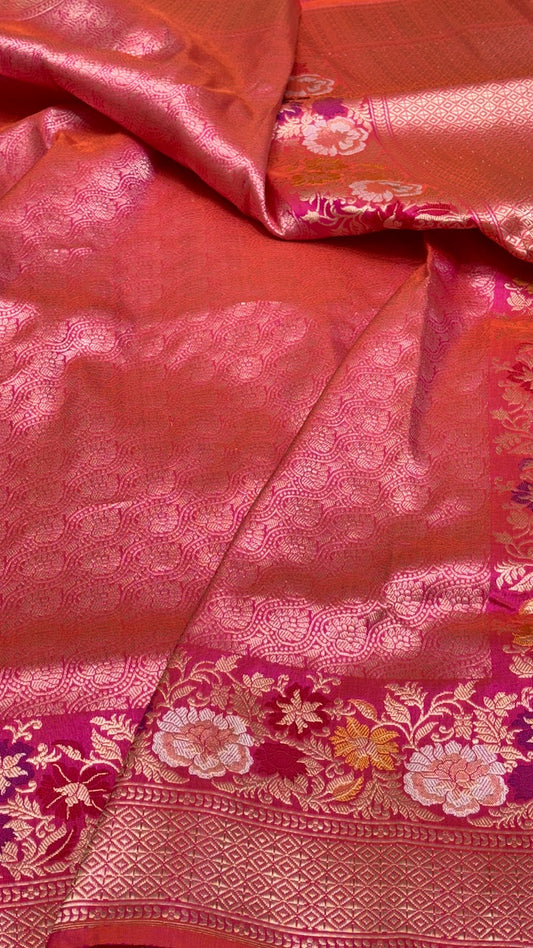 Pink Banarasi Brocade Tanchoi Handwoven Saree