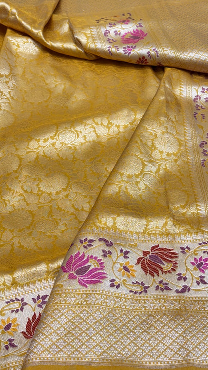 Yellow Pure Banarasi Brocade Tanchoi Handwoven Saree