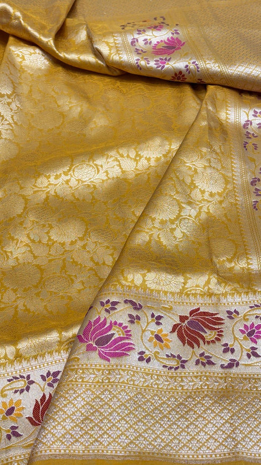 Yellow Pure Banarasi Brocade Tanchoi Handwoven Saree