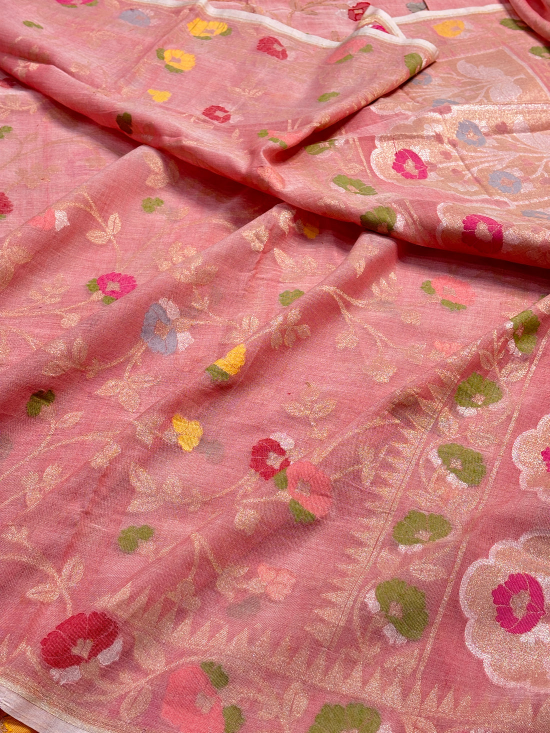 Rose Pink Banarasi cotton Jamdani handloom Saree