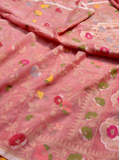 Rose Pink Banarasi cotton Jamdani handloom Saree
