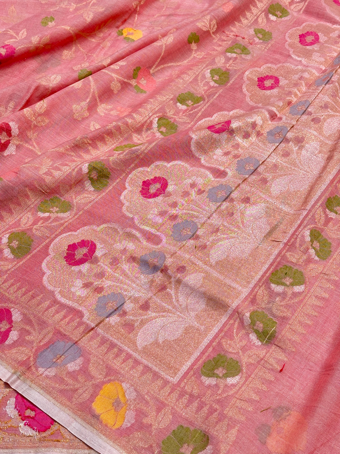 Rose Pink Banarasi cotton Jamdani handloom Saree