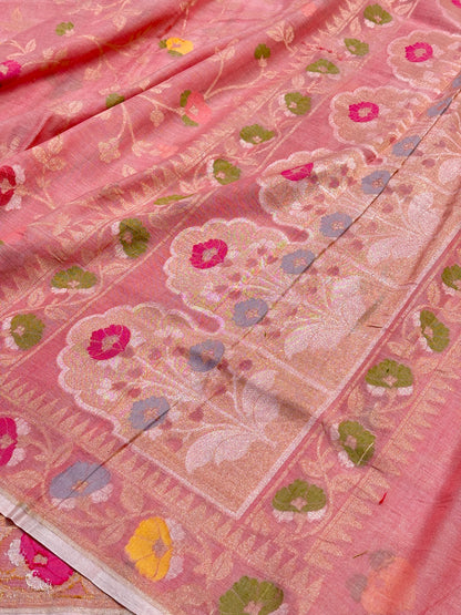Rose Pink Banarasi cotton Jamdani handloom Saree