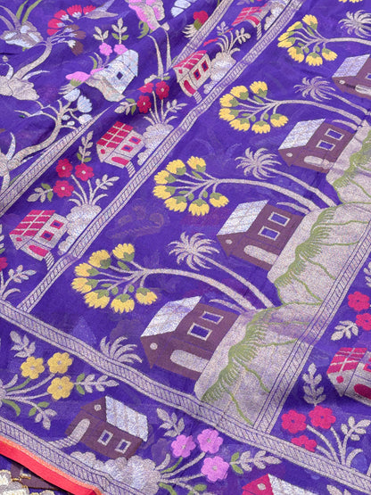 Pueple Banarasi cotton Jamdani handloom Saree