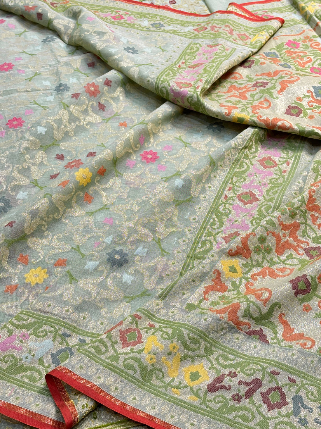 Mint Green Banarasi cotton Jamdani handloom Saree