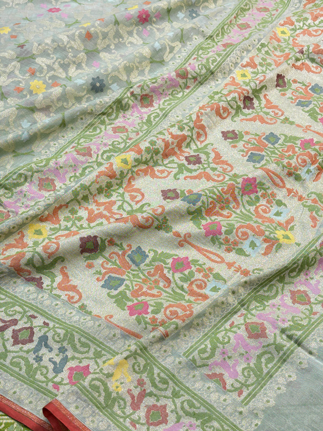 Mint Green Banarasi cotton Jamdani handloom Saree