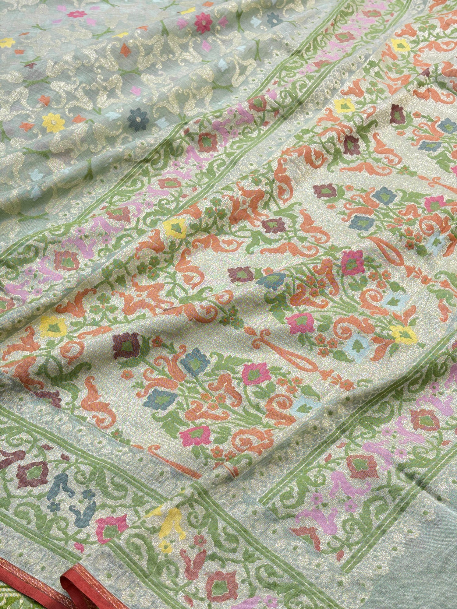 Mint Green Banarasi cotton Jamdani handloom Saree