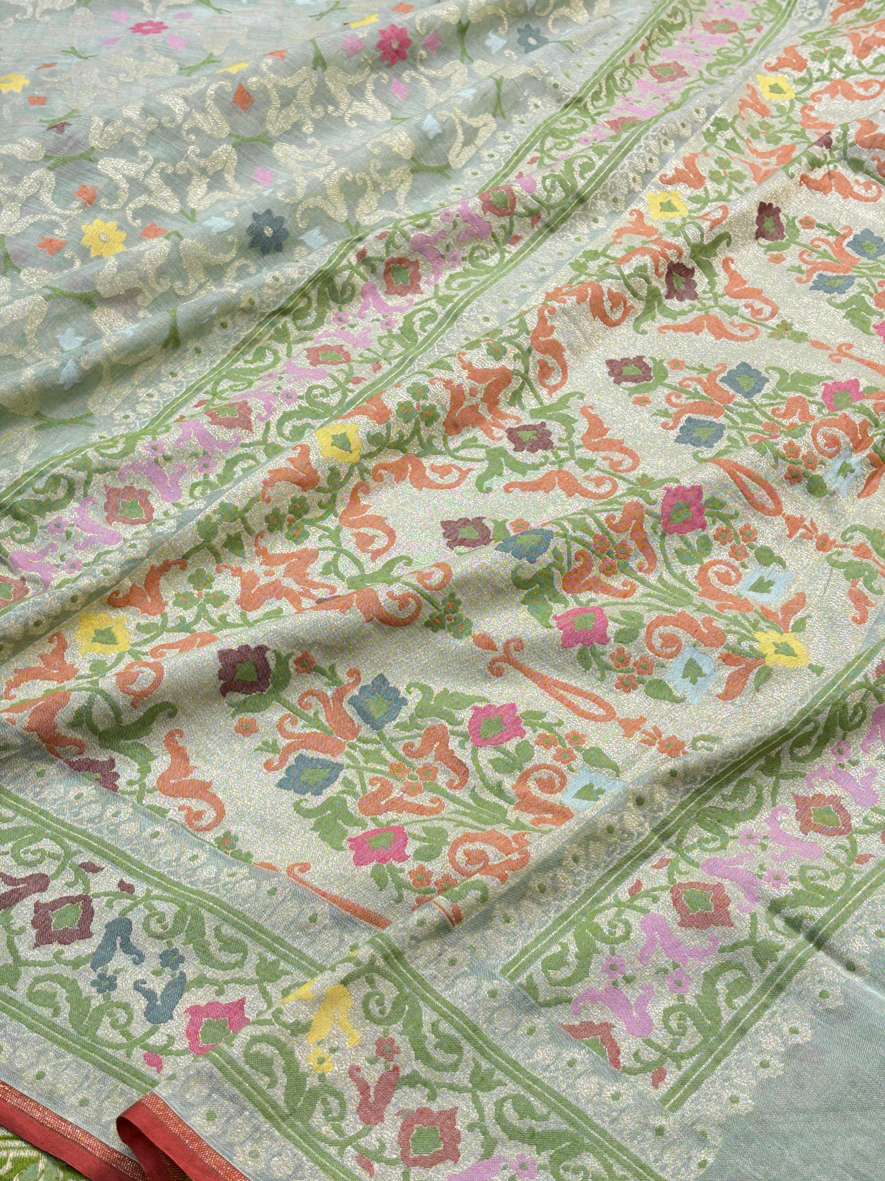 Mint Green Banarasi cotton Jamdani handloom Saree