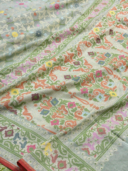 Mint Green Banarasi cotton Jamdani handloom Saree