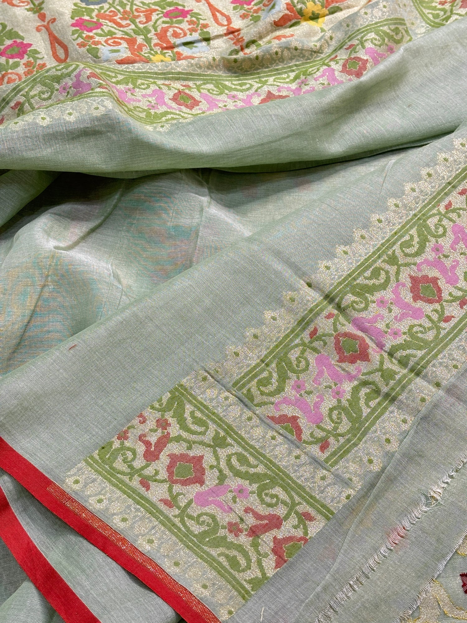 Mint Green Banarasi cotton Jamdani handloom Saree