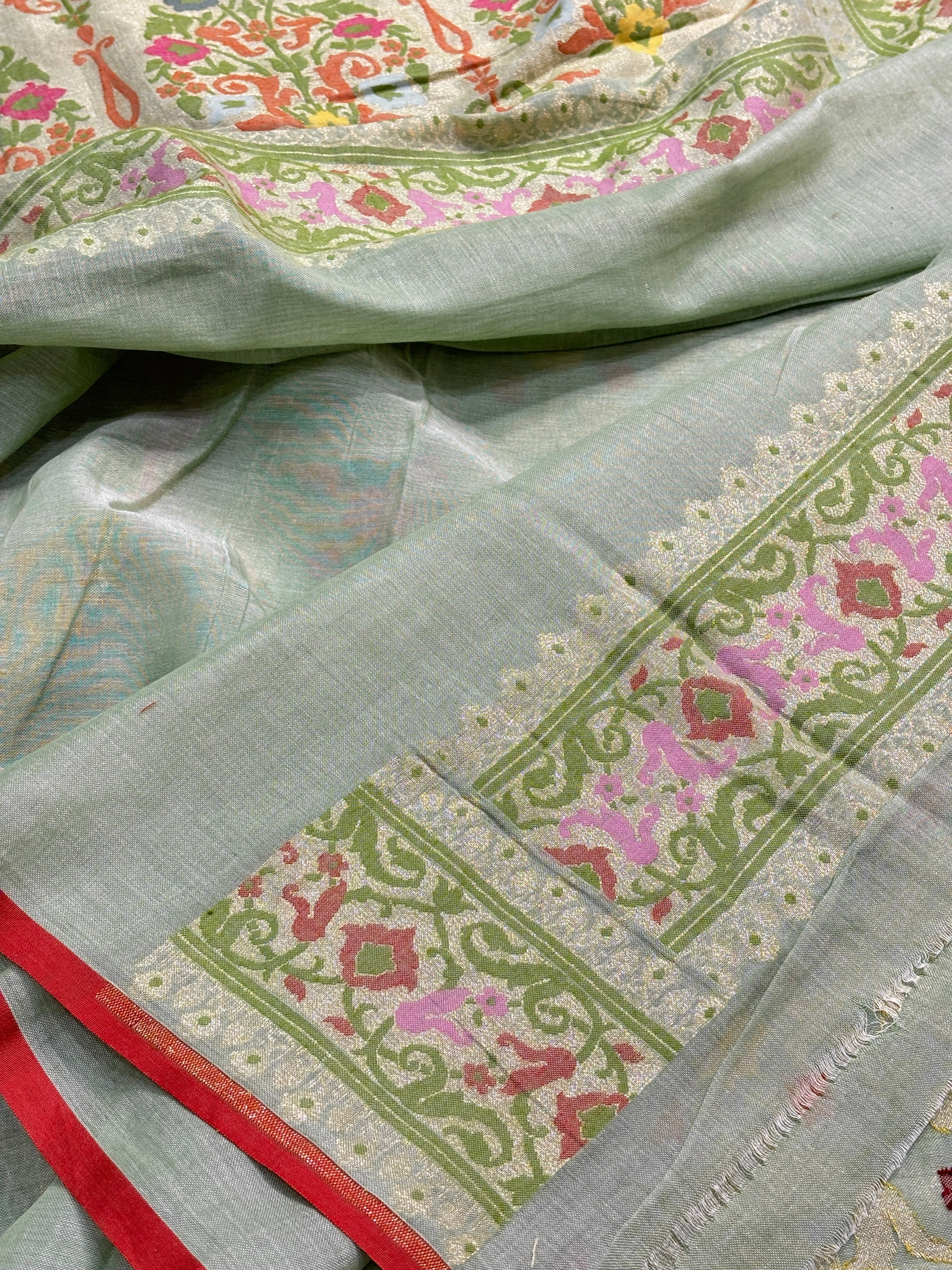 Mint Green Banarasi cotton Jamdani handloom Saree