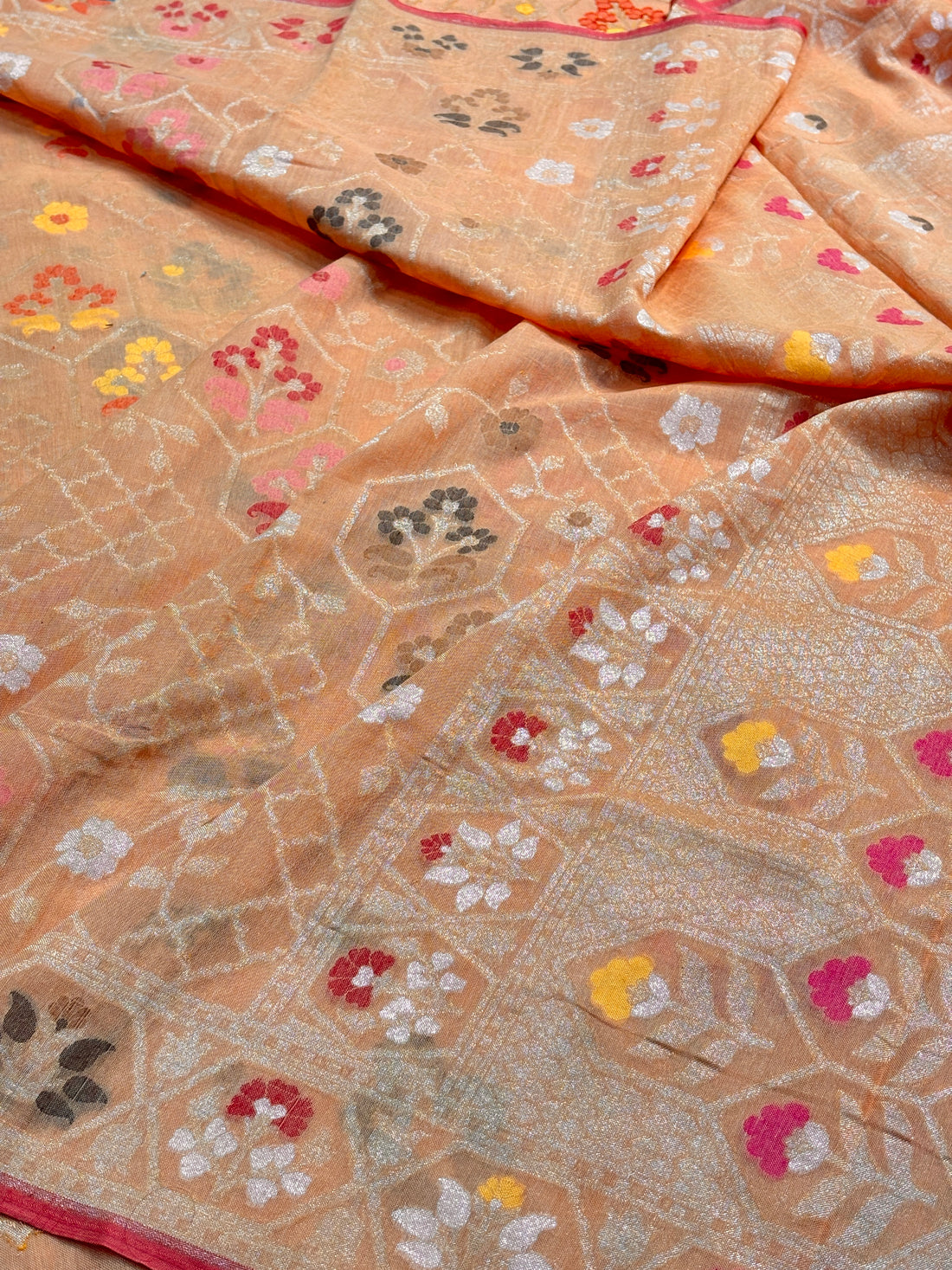 Peach Orange Banarasi cotton Jamdani handloom Saree
