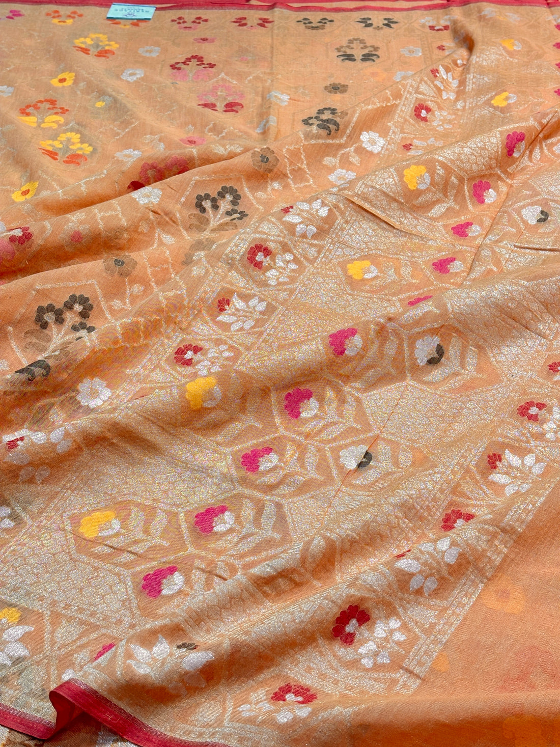 Peach Orange Banarasi cotton Jamdani handloom Saree