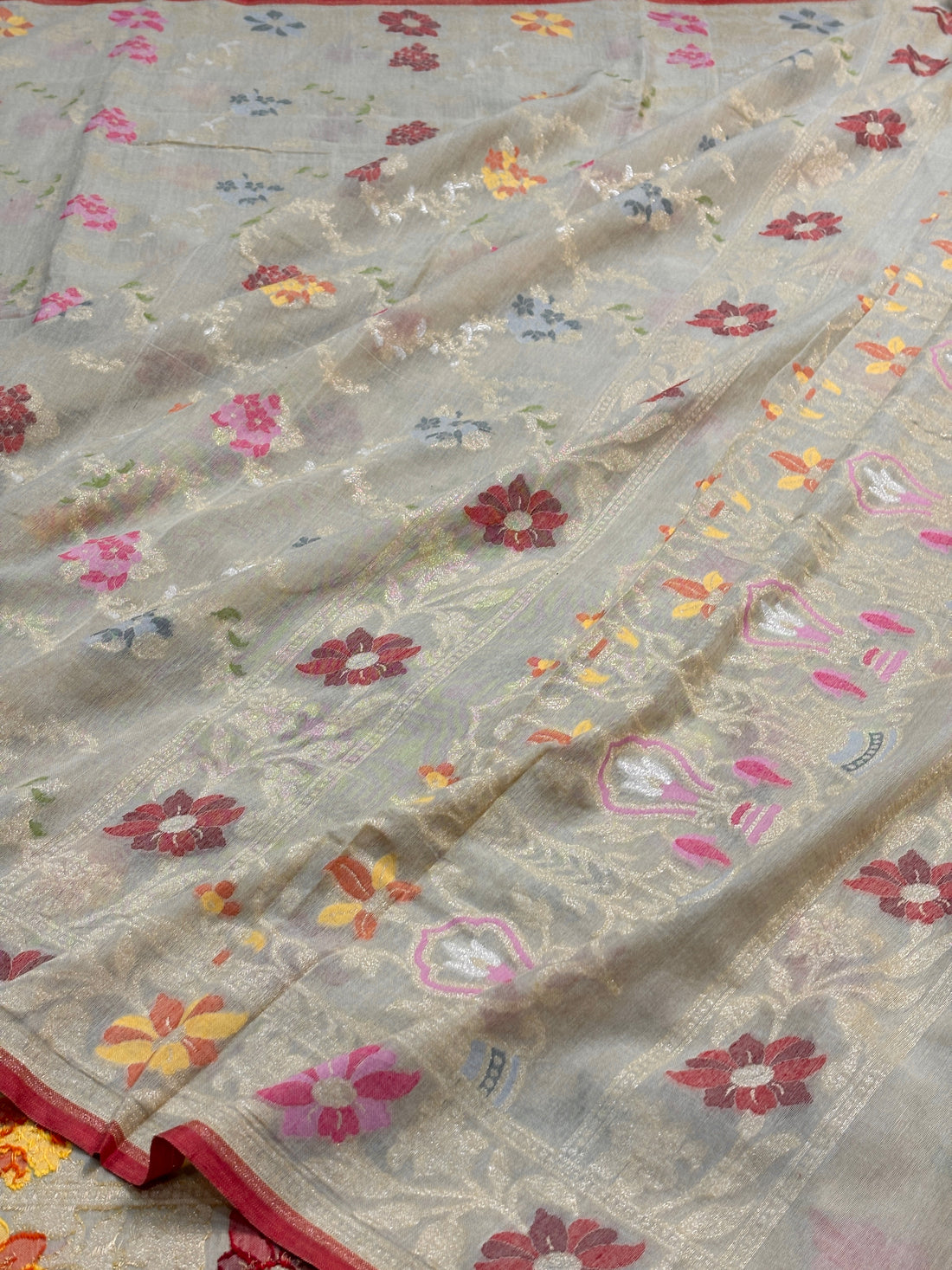 Ash Lilac Gray Banarasi cotton Jamdani handloom Saree