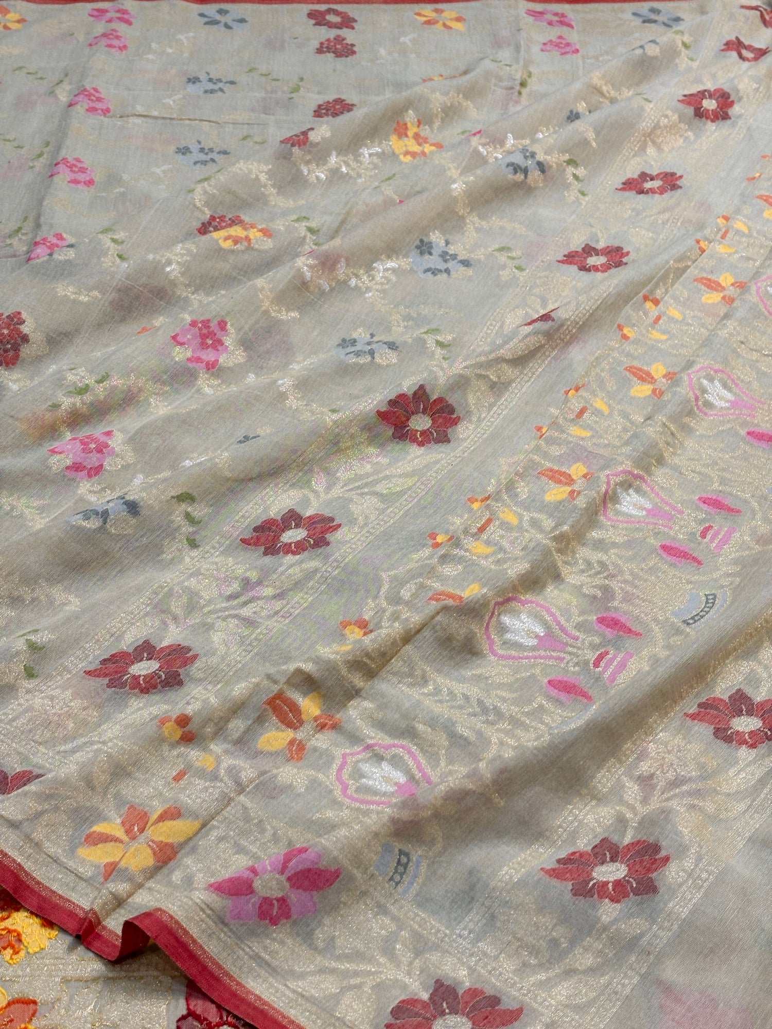 Ash Lilac Gray Banarasi cotton Jamdani handloom Saree
