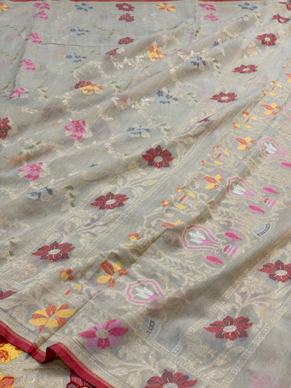 Ash Lilac Gray Banarasi cotton Jamdani handloom Saree