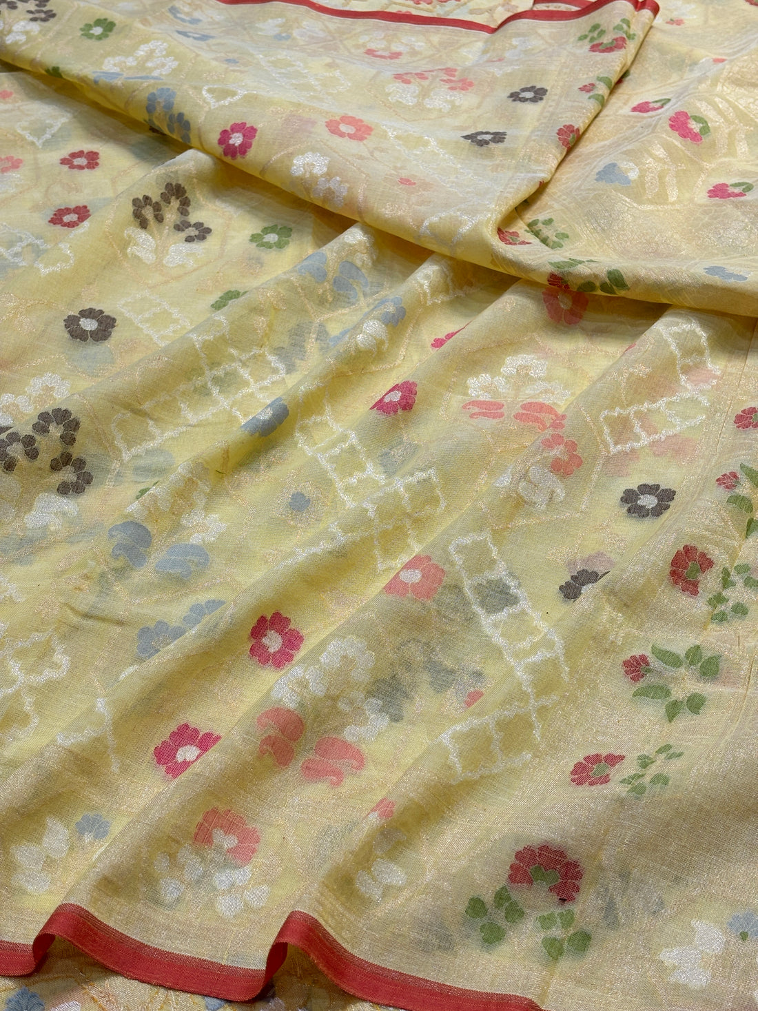 Butter Yellow Banarasi cotton Jamdani handloom Saree