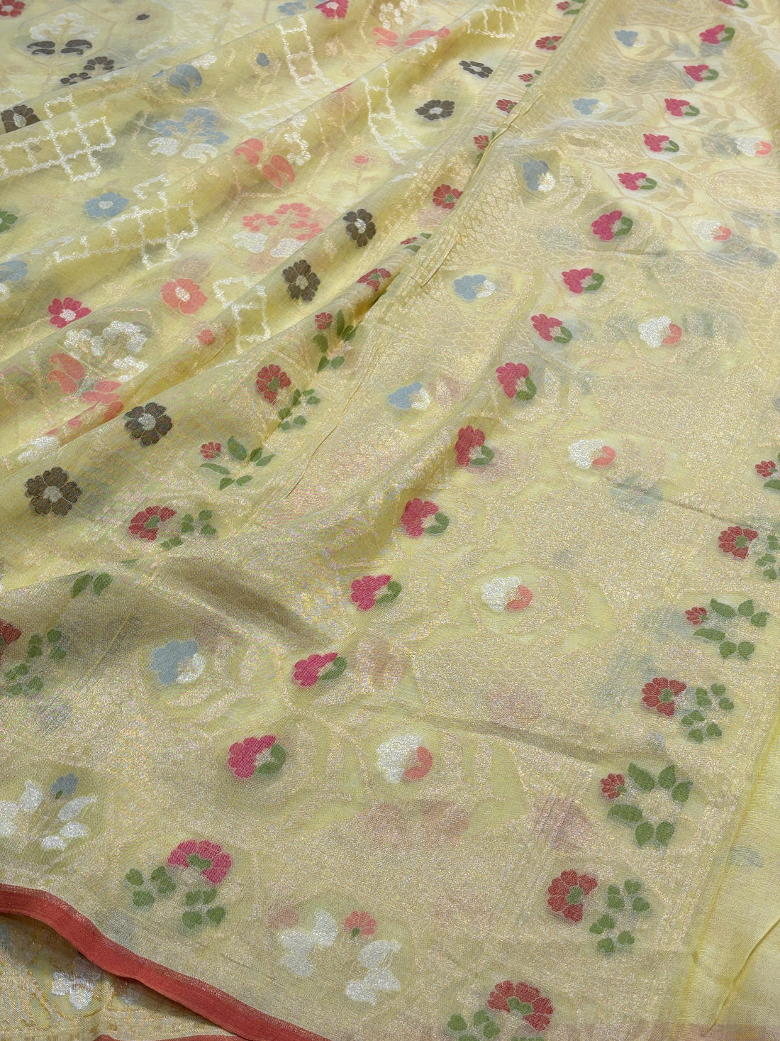 Butter Yellow Banarasi cotton Jamdani handloom Saree