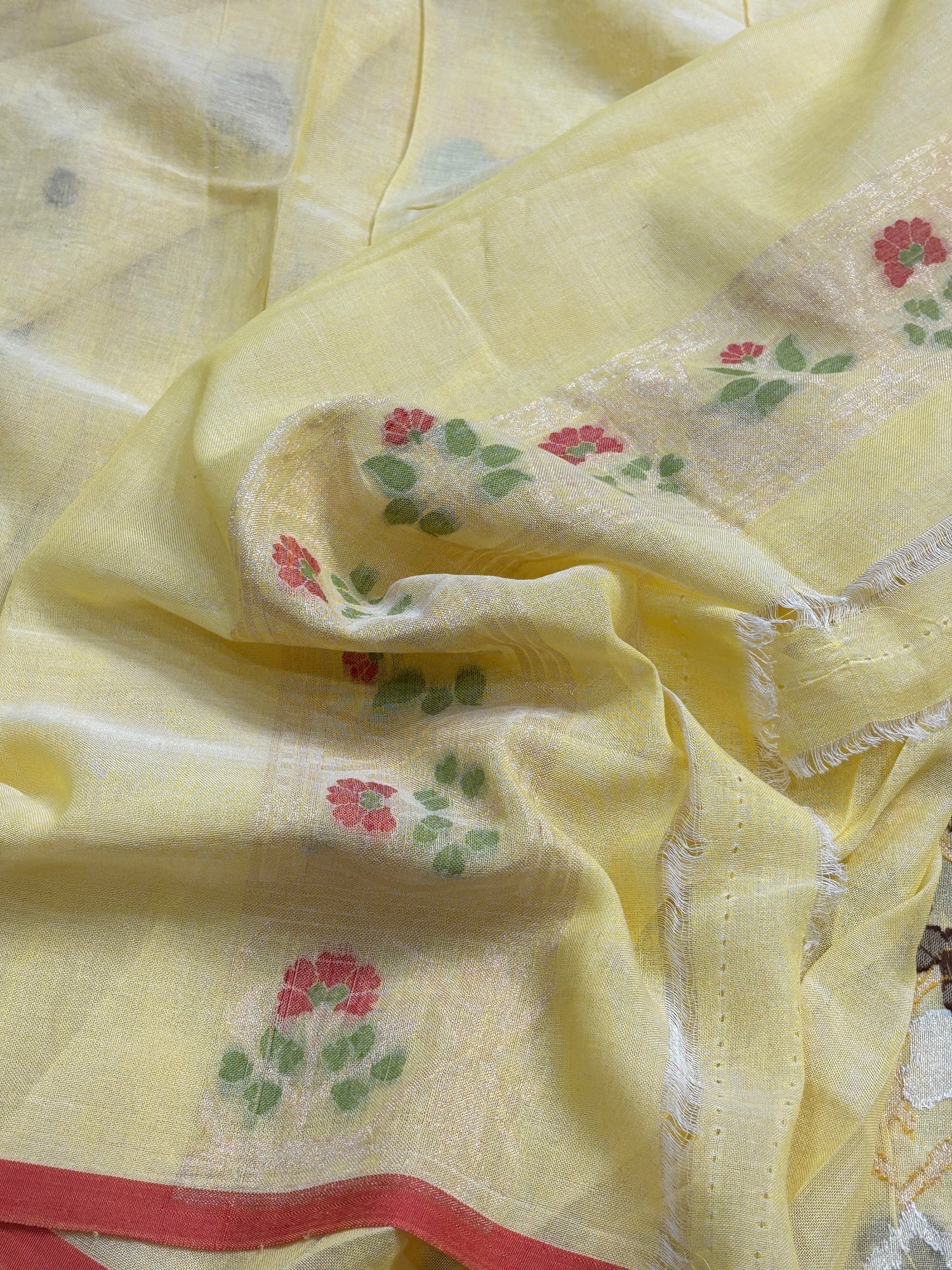 Butter Yellow Banarasi cotton Jamdani handloom Saree