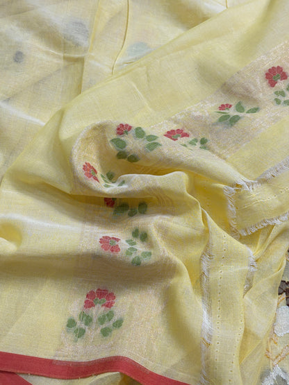 Butter Yellow Banarasi cotton Jamdani handloom Saree