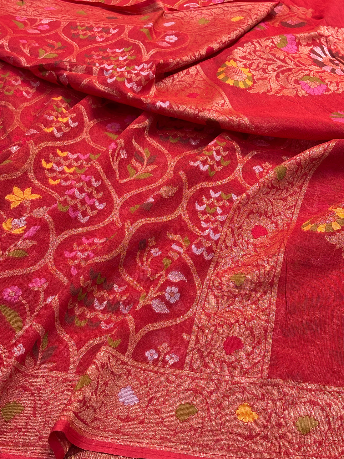 Rich Red Banarasi cotton Jamdani handloom Saree