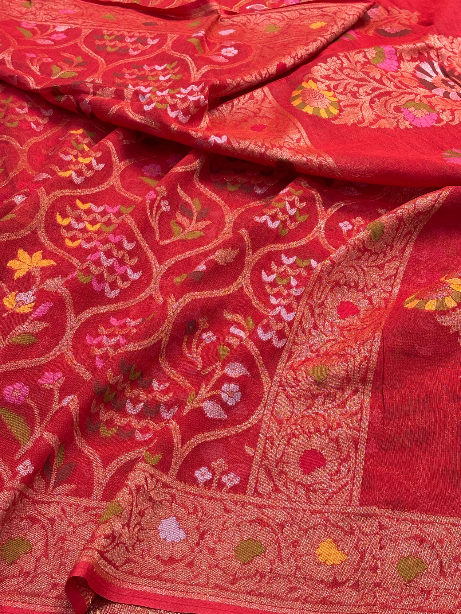 Rich Red Banarasi cotton Jamdani handloom Saree