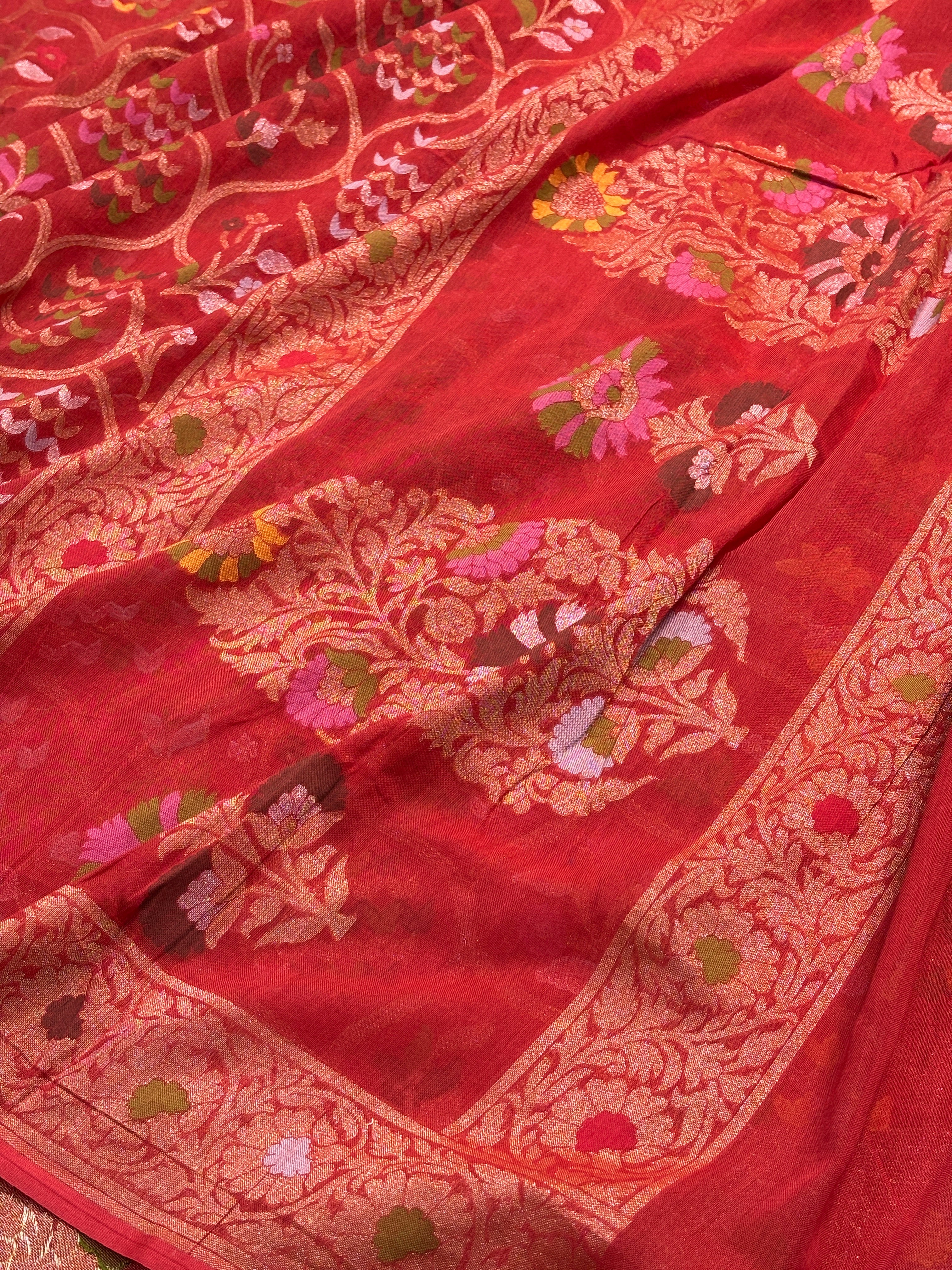Rich Red Banarasi cotton Jamdani handloom Saree