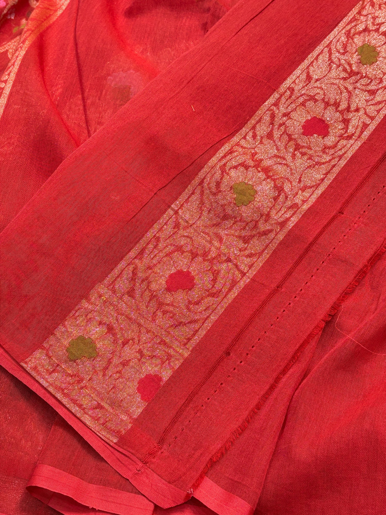 Rich Red Banarasi cotton Jamdani handloom Saree
