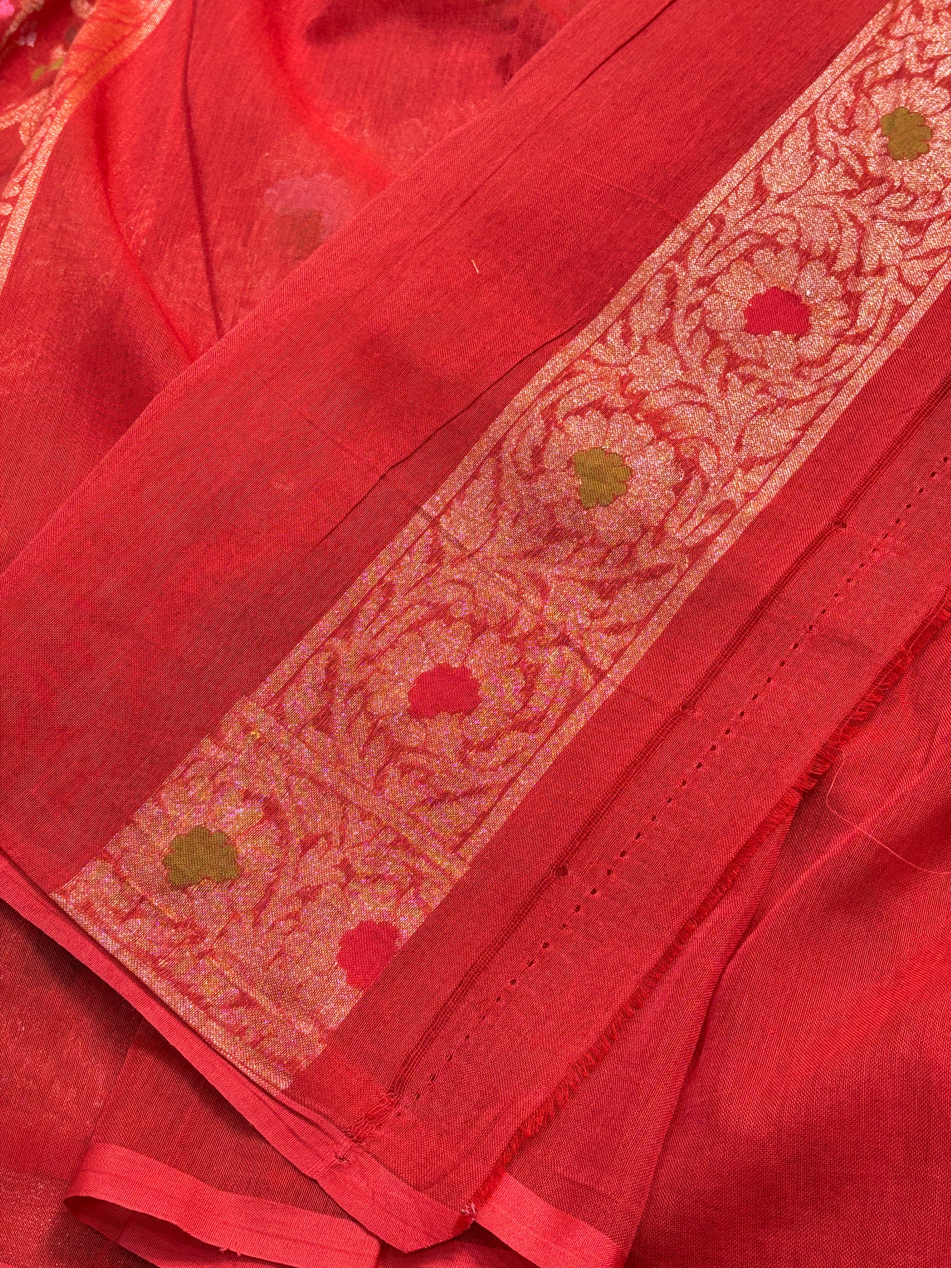 Rich Red Banarasi cotton Jamdani handloom Saree