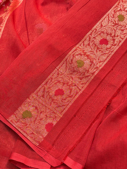Rich Red Banarasi cotton Jamdani handloom Saree