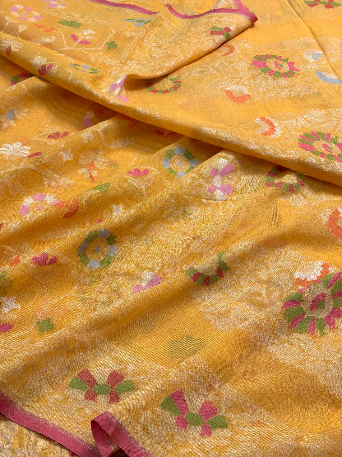 Heritage Saffron Yellow Banarasi cotton Jamdani handloom Saree