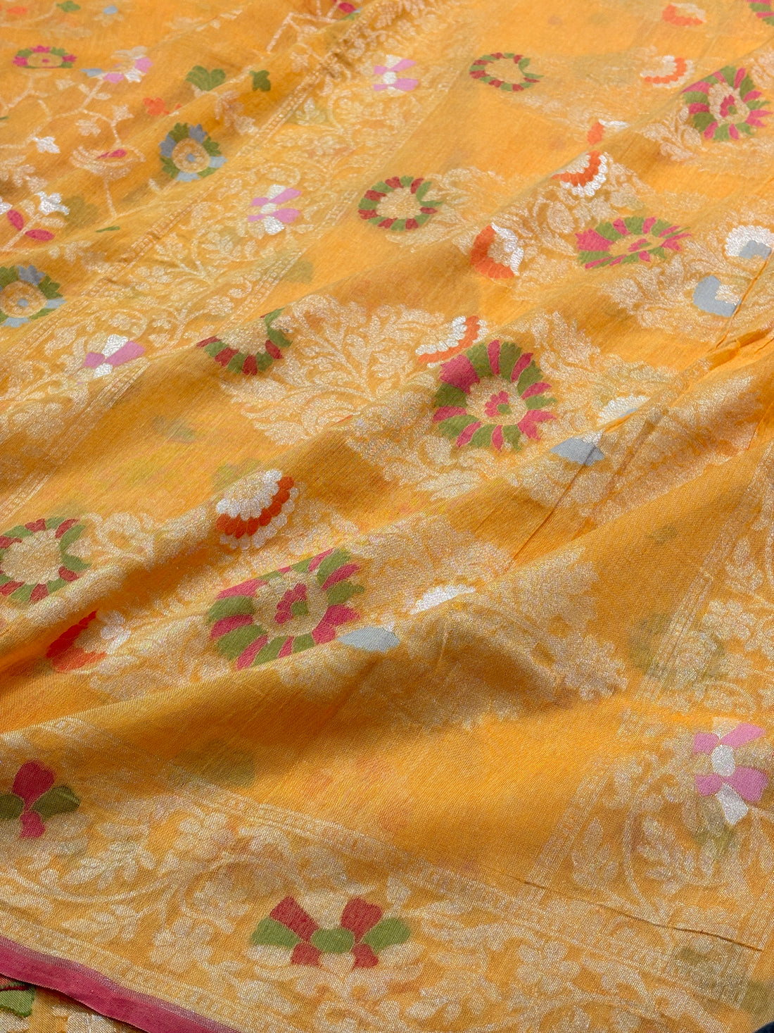 Heritage Saffron Yellow Banarasi cotton Jamdani handloom Saree
