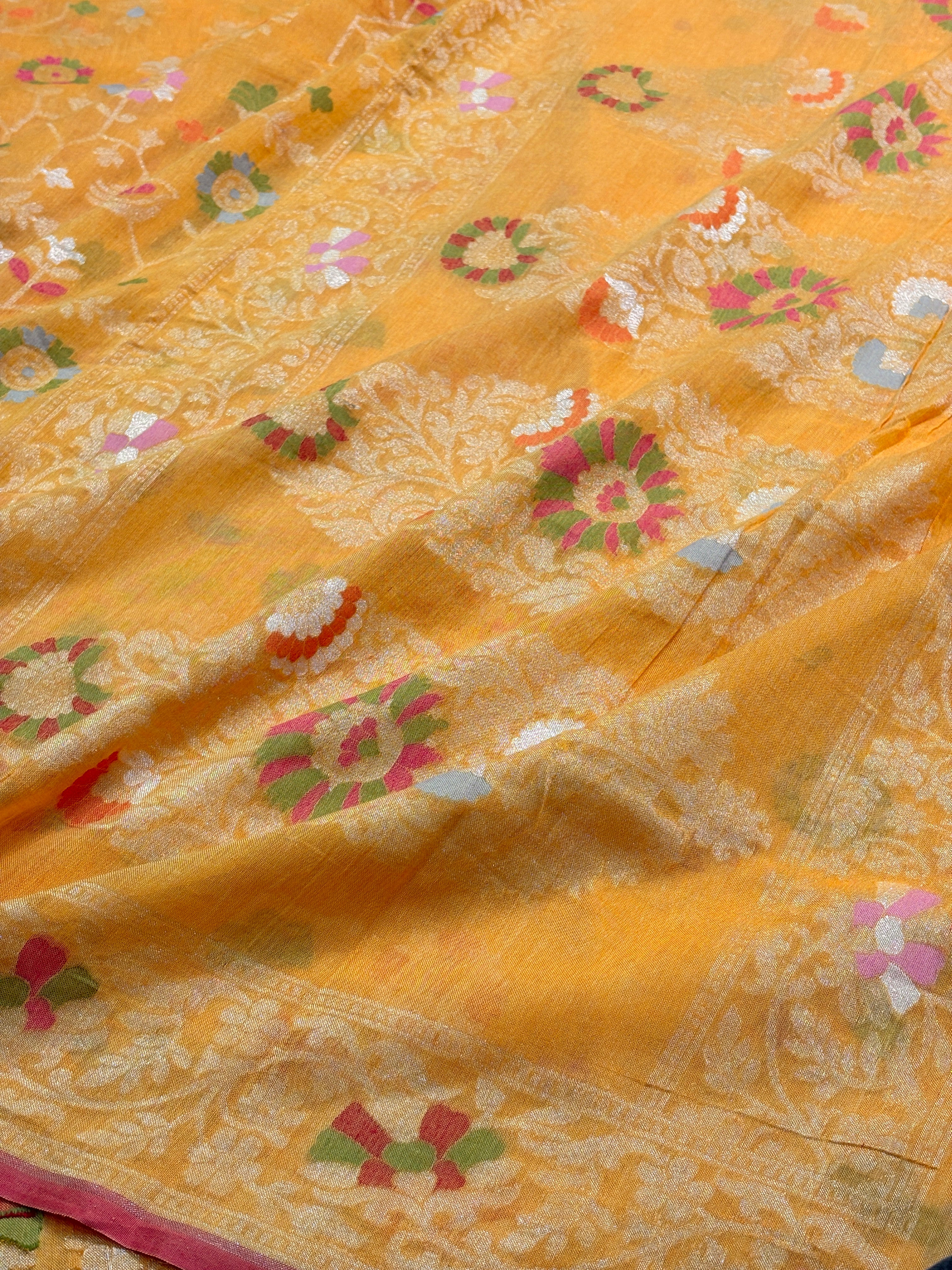 Heritage Saffron Yellow Banarasi cotton Jamdani handloom Saree