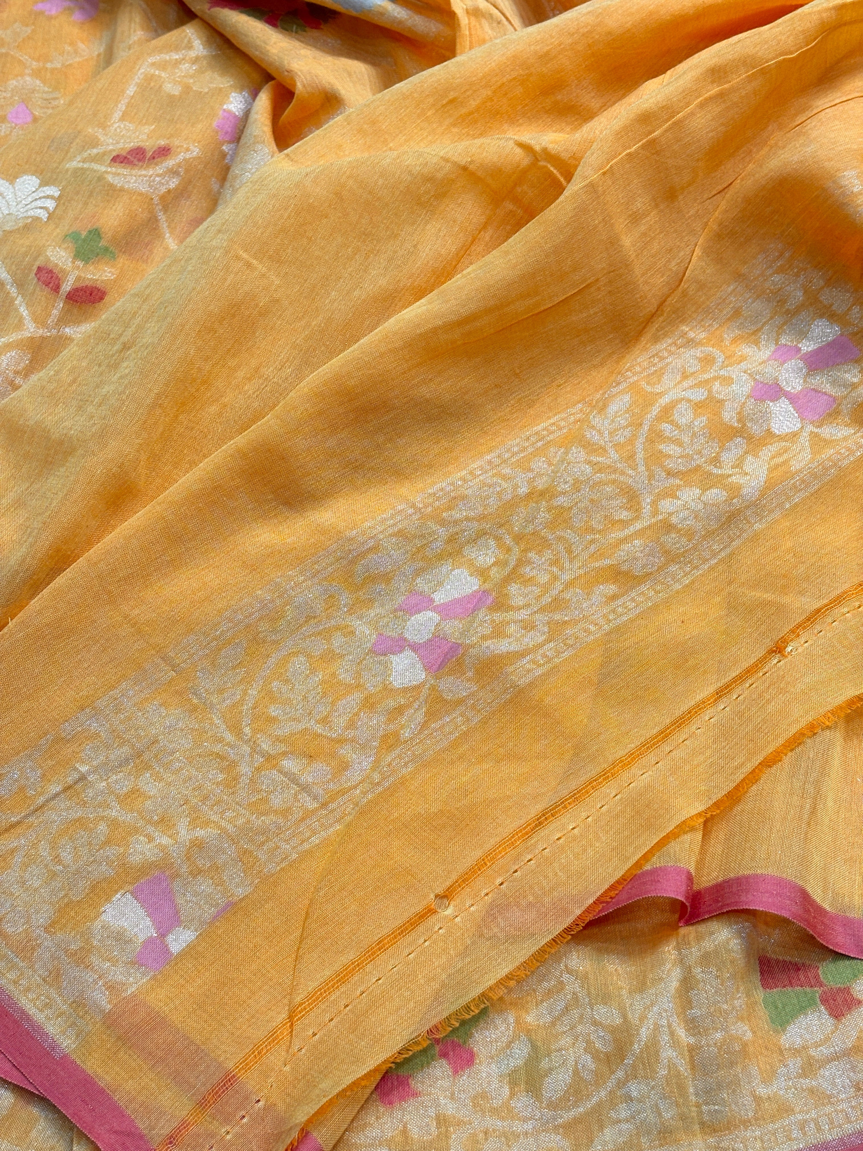Heritage Saffron Yellow Banarasi cotton Jamdani handloom Saree