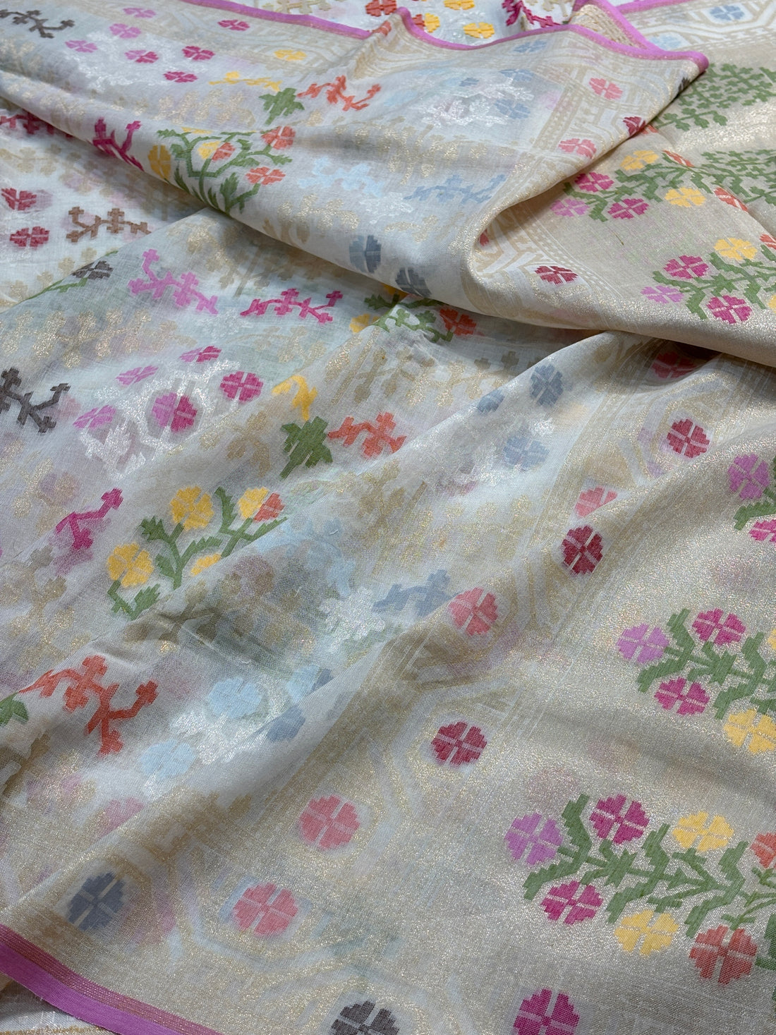 White Banarasi cotton Jamdani handloom Saree