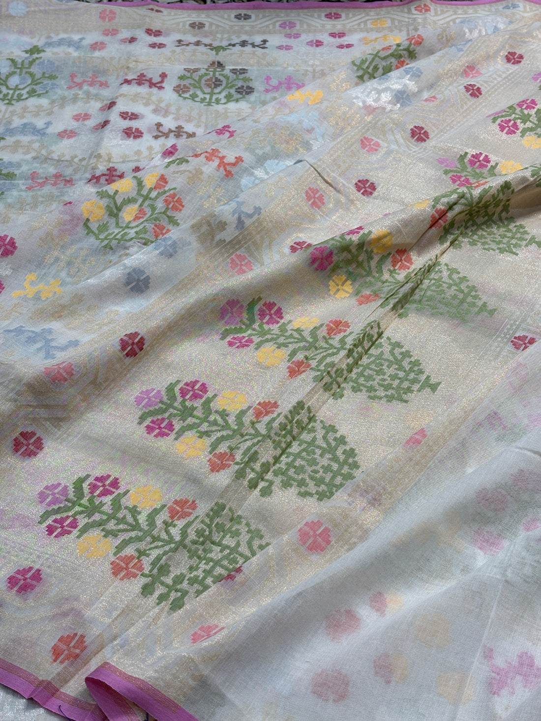White Banarasi cotton Jamdani handloom Saree