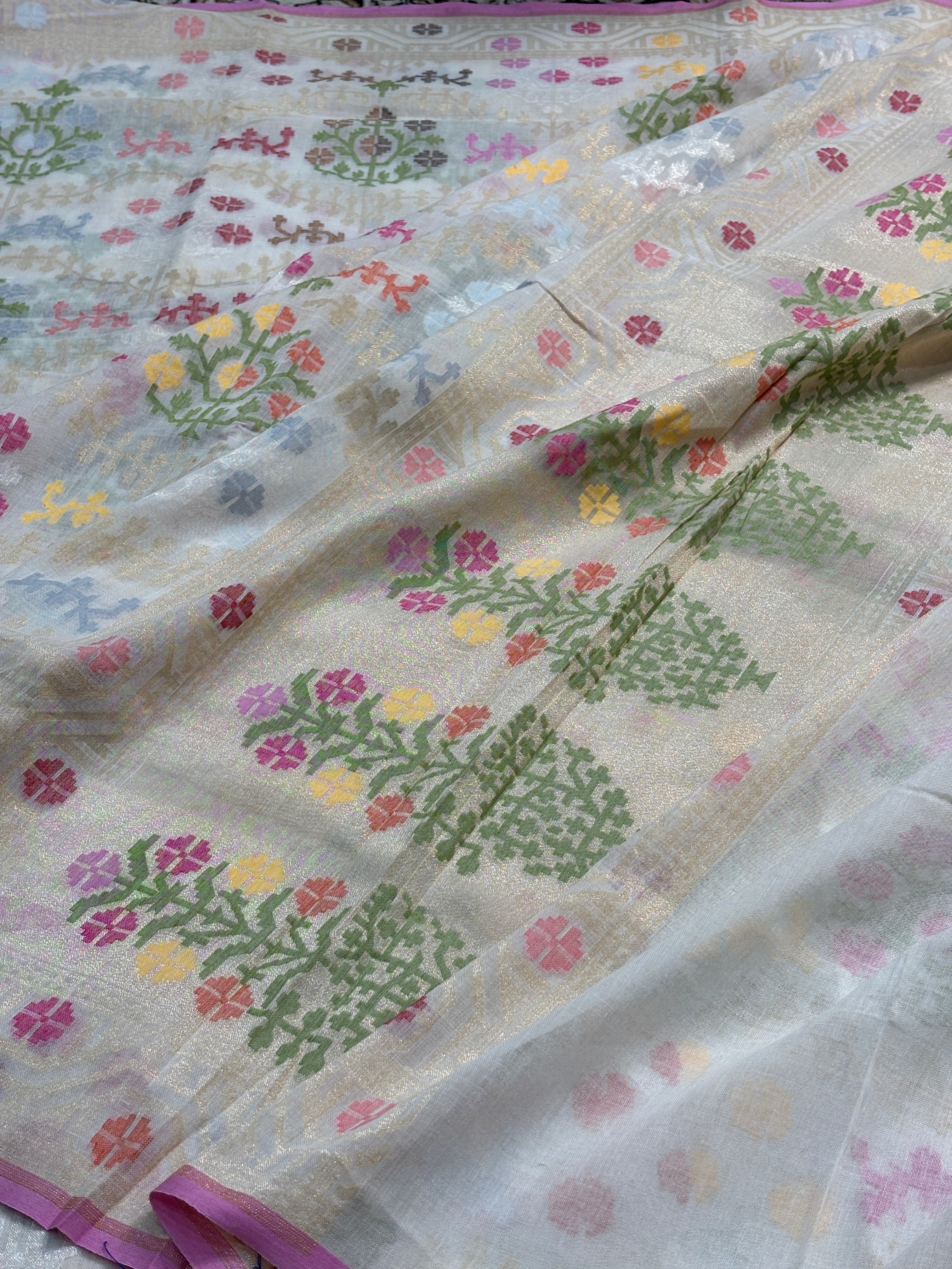White Banarasi cotton Jamdani handloom Saree
