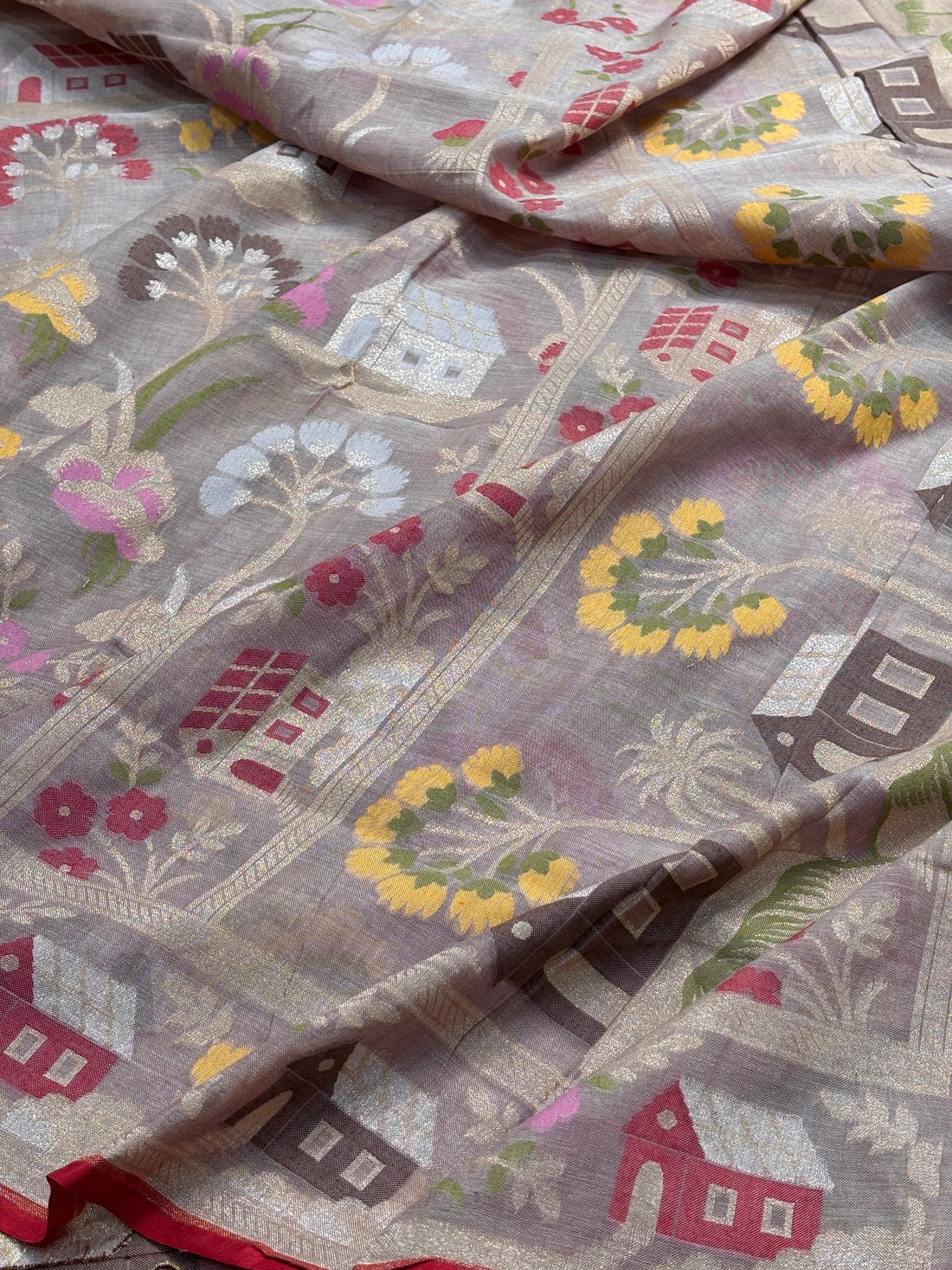 Silver Mist Grey Banarasi cotton Jamdani handloom Saree