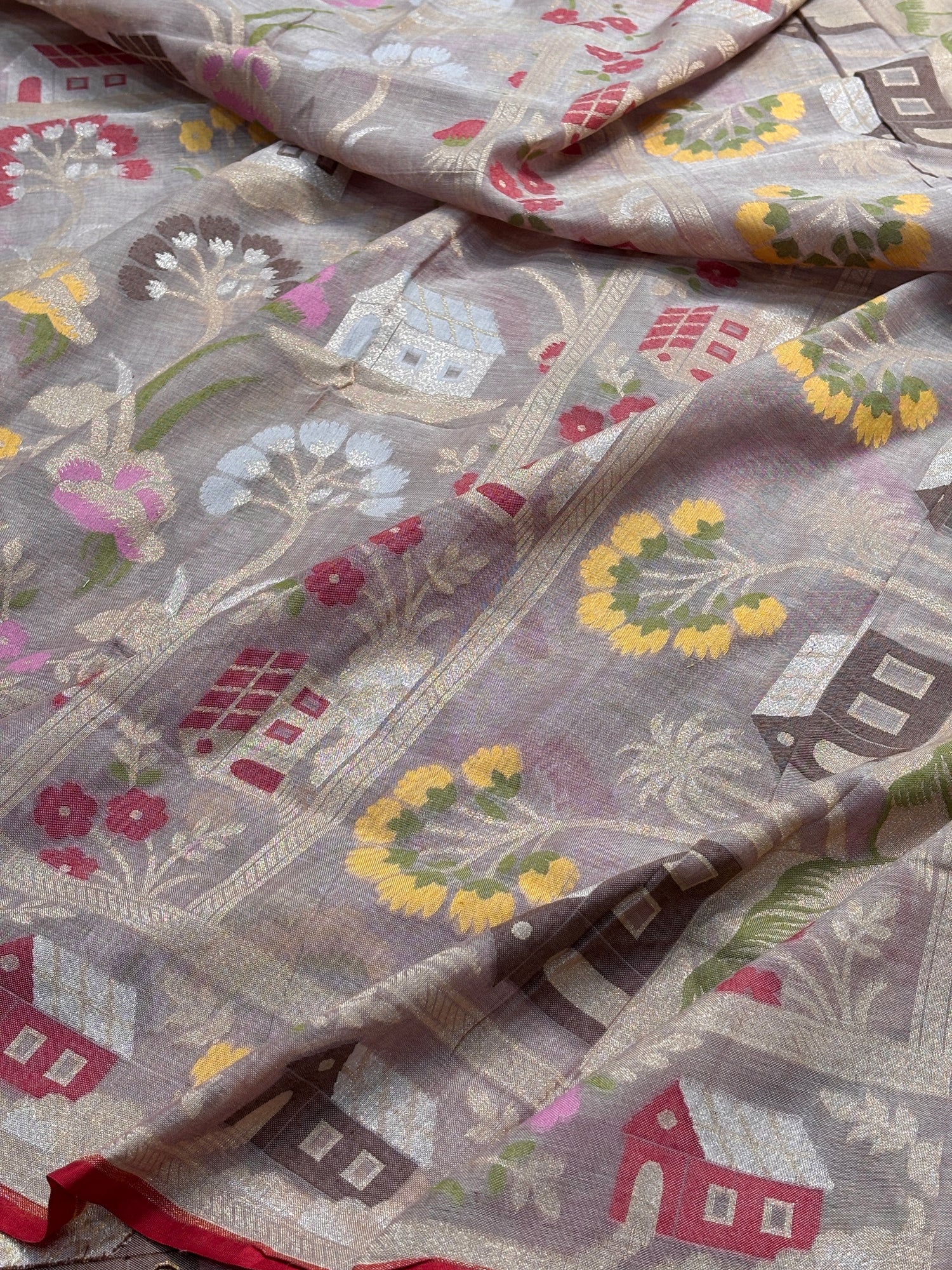 Silver Mist Grey Banarasi cotton Jamdani handloom Saree