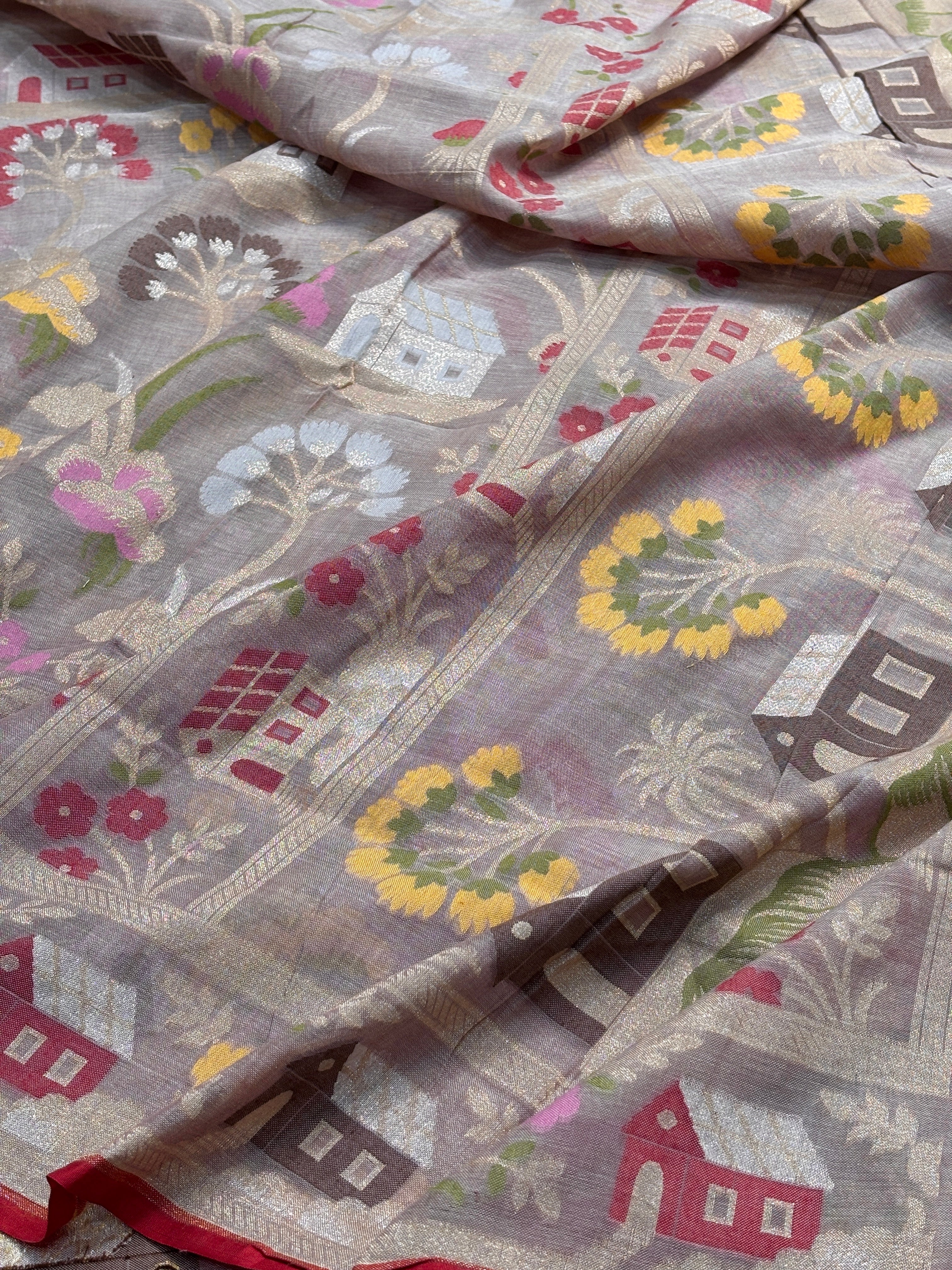 Silver Mist Grey Banarasi cotton Jamdani handloom Saree