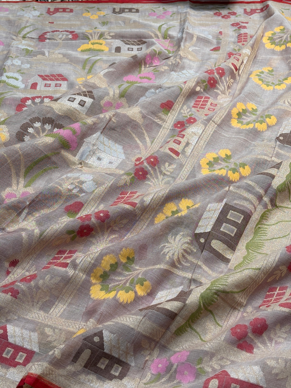 Silver Mist Grey Banarasi cotton Jamdani handloom Saree