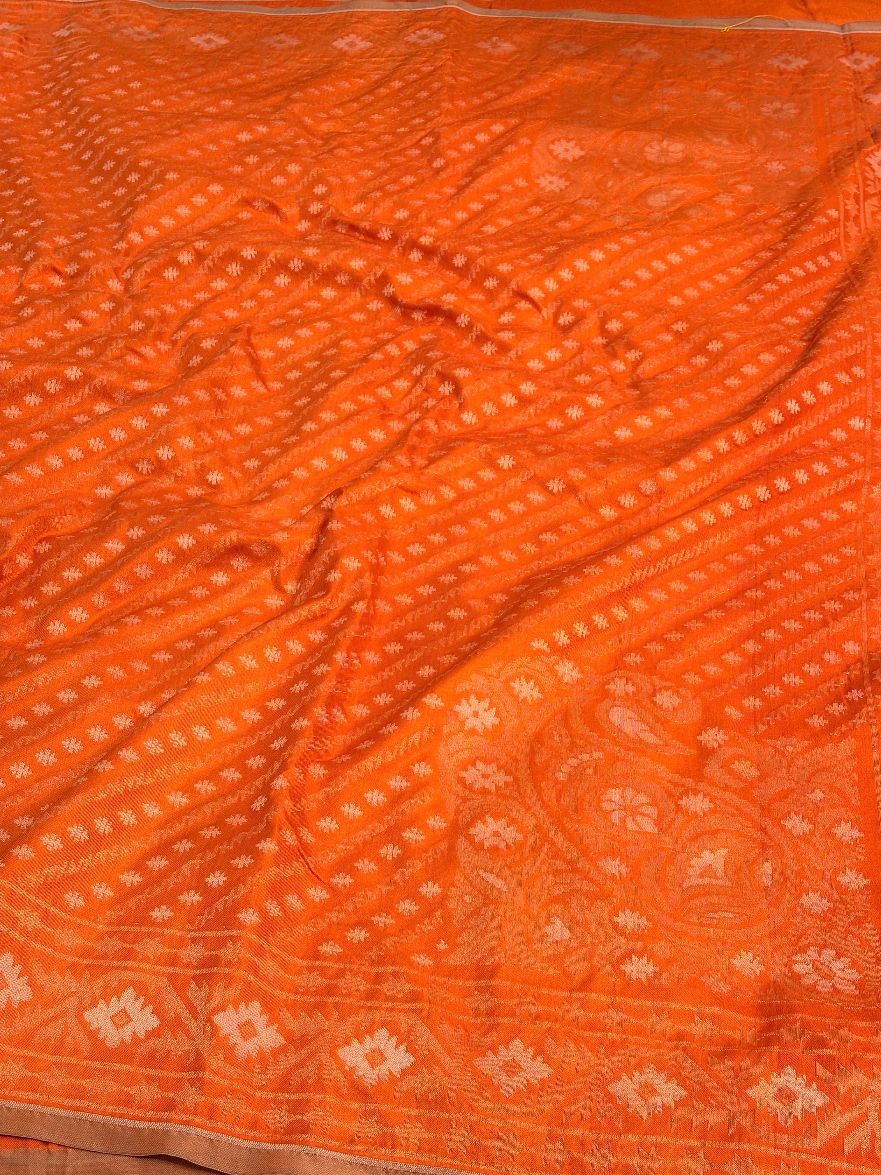 Orange Banarasi Rupa Sona Pure Katan Silk Iktara Jamdani Saree