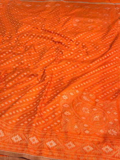 Orange Banarasi Rupa Sona Pure Katan Silk Iktara Jamdani Saree