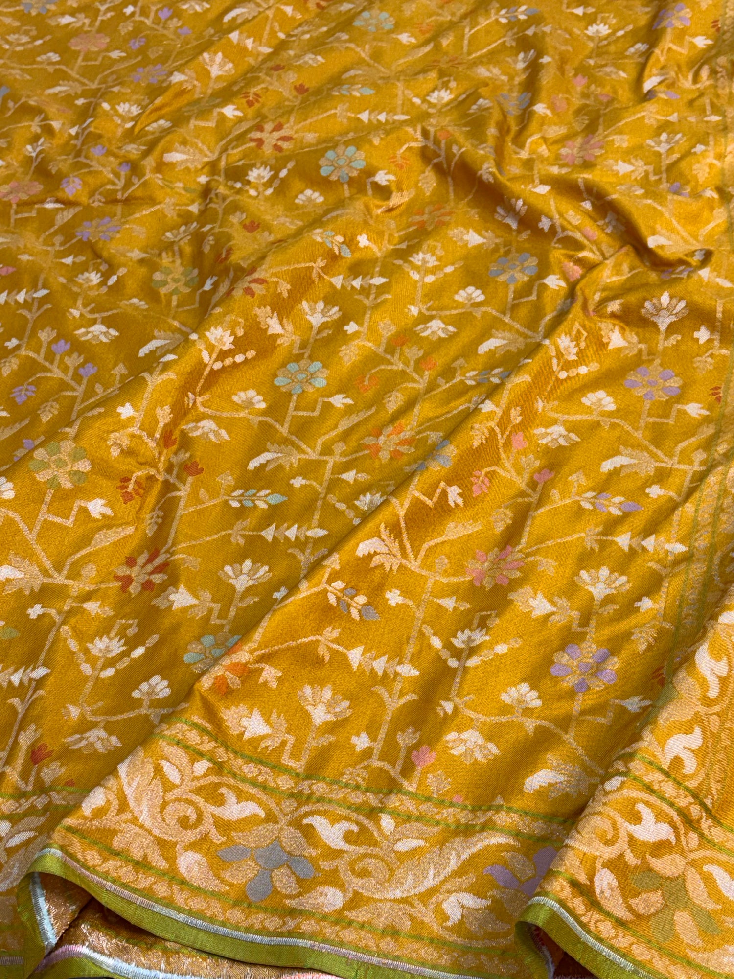 Mustard Yellow Pure Katan Silk Iktara Meenakari Jamdani Saree