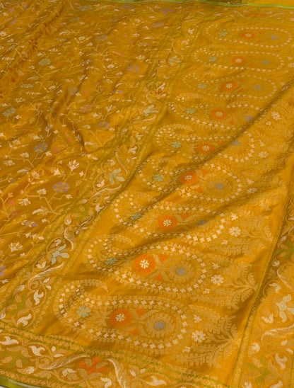 Mustard Yellow Pure Katan Silk Iktara Meenakari Jamdani Saree