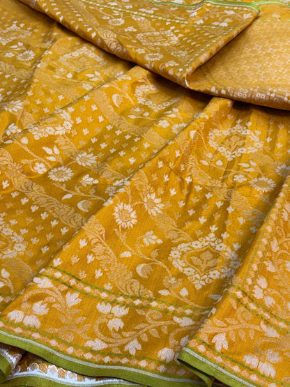 Mustard Yellow Banarasi Pure Katan Silk Iktara Rupa Sona Jamdani Saree