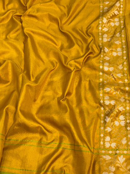 Mustard Yellow Banarasi Pure Katan Silk Iktara Rupa Sona Jamdani Saree