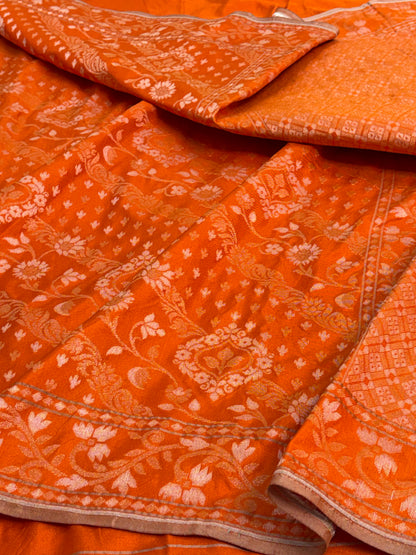 Orange Banarasi Handwoven Pure Katan Silk Iktara Jamdani Saree